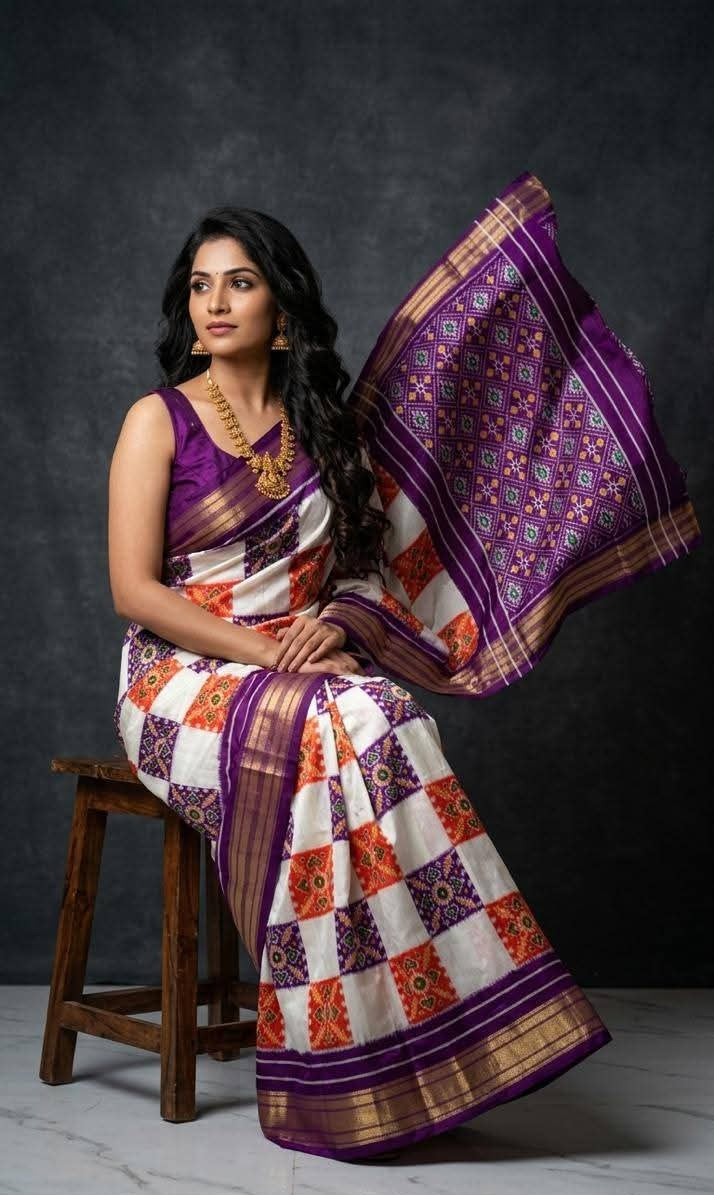 Purple and Orange Checkered Patola Silk Saree