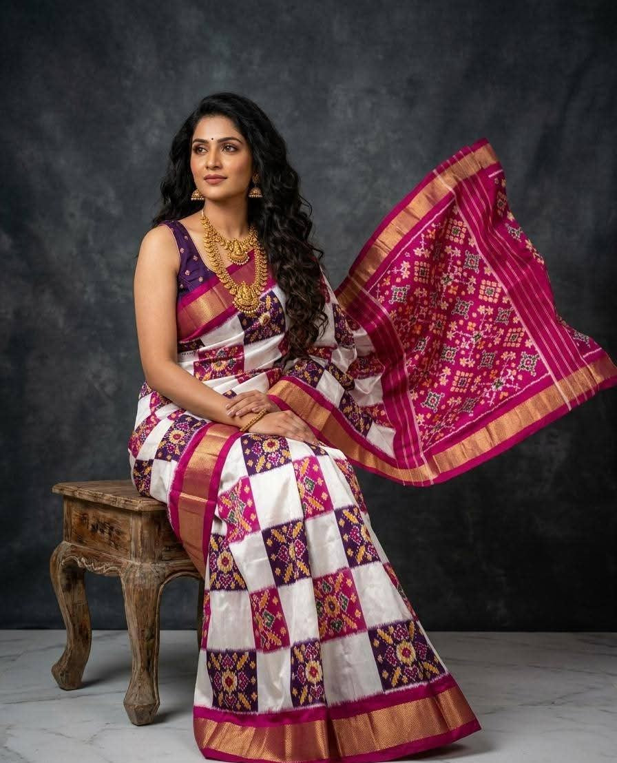 Pink and Purple Checkered Patola Silk Saree