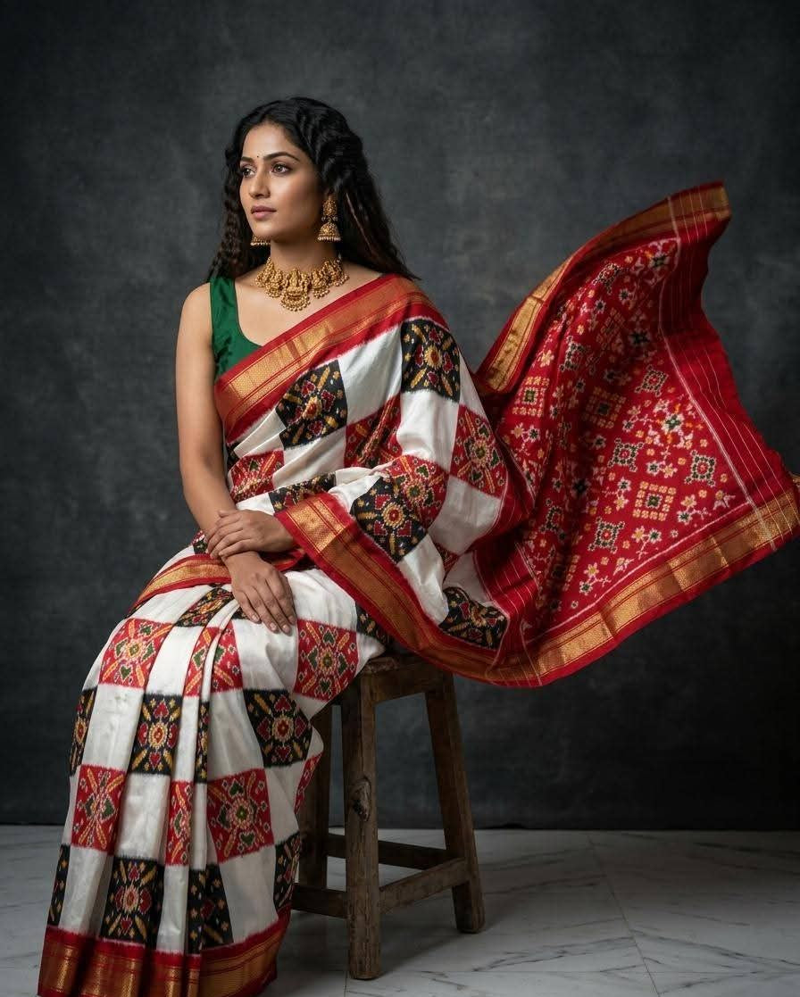 Red and Black Checkered Patola Silk Saree