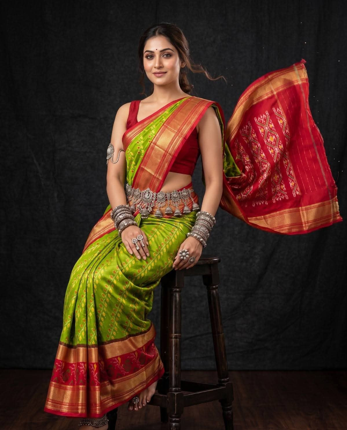 Lime Green and Red Ikat Silk Wedding Saree