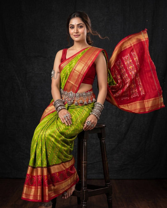 Lime Green and Red Ikat Silk Wedding Saree