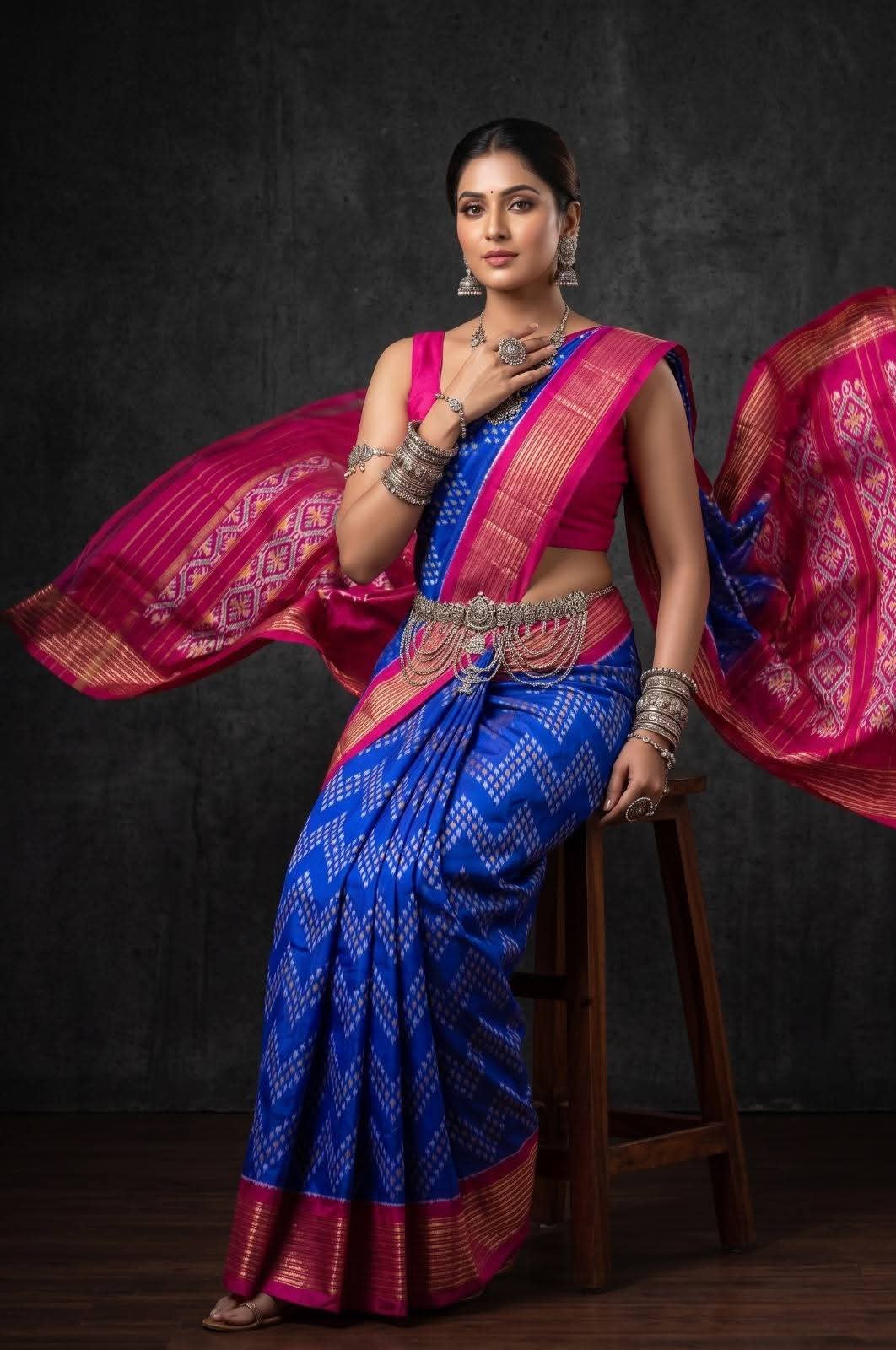 Blue and Pink Ikat Silk Wedding Saree