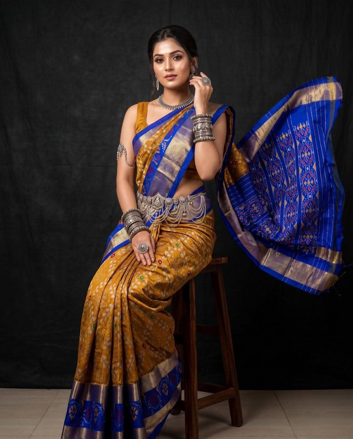 Golden and Blue Ikat Silk Wedding Saree