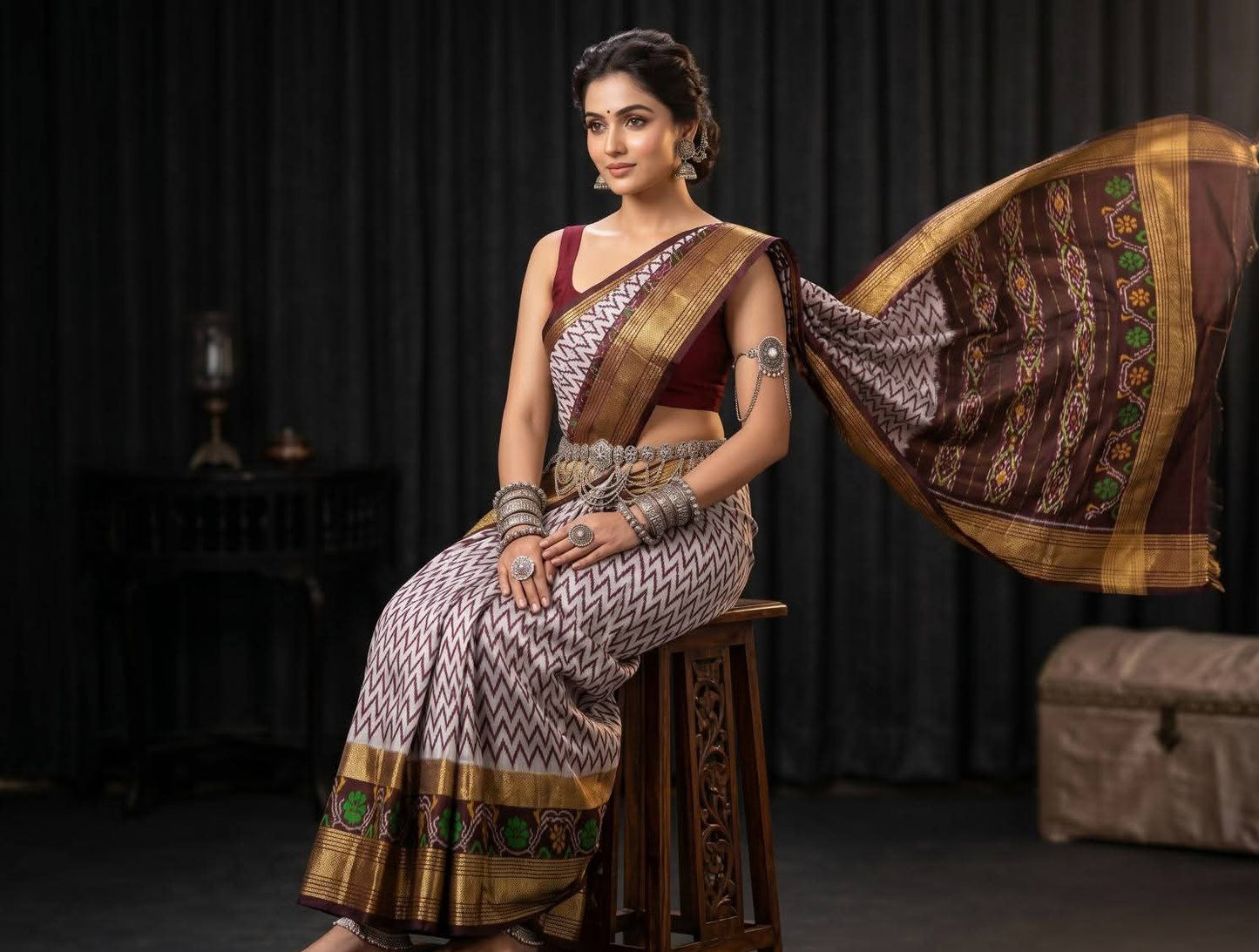 Cream and Chocolate Brown Ikat Silk Wedding Saree