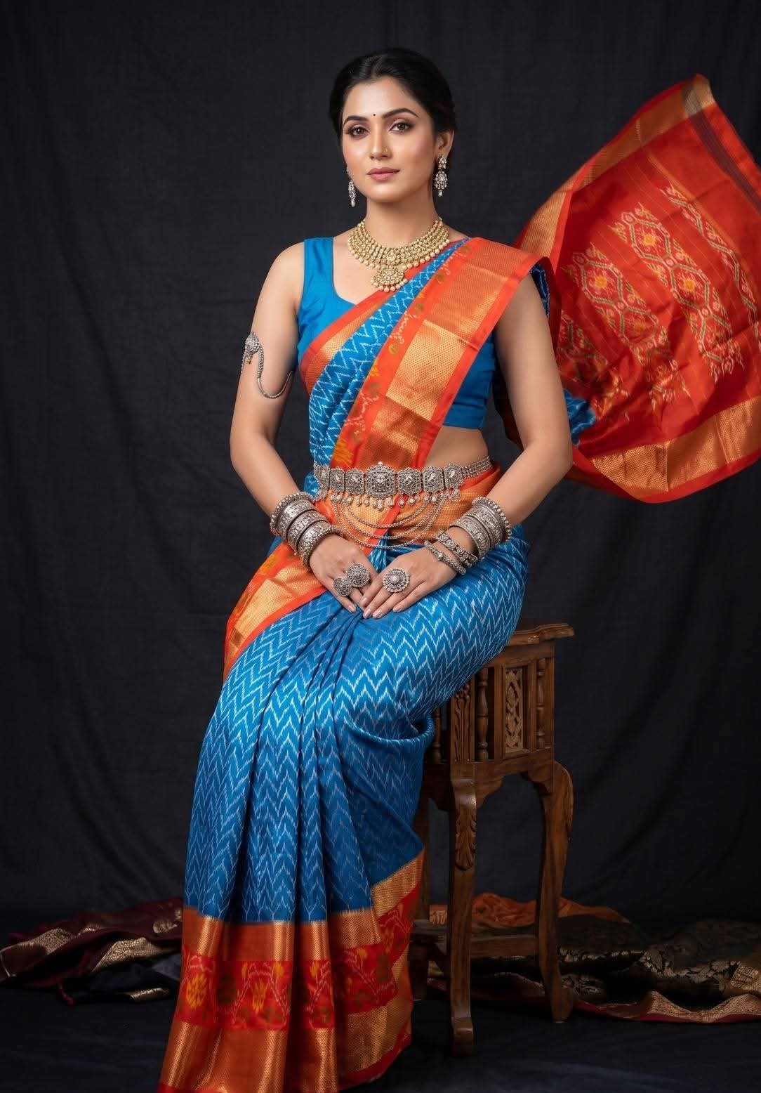 Sky Blue and Orange Ikat Silk Wedding Saree