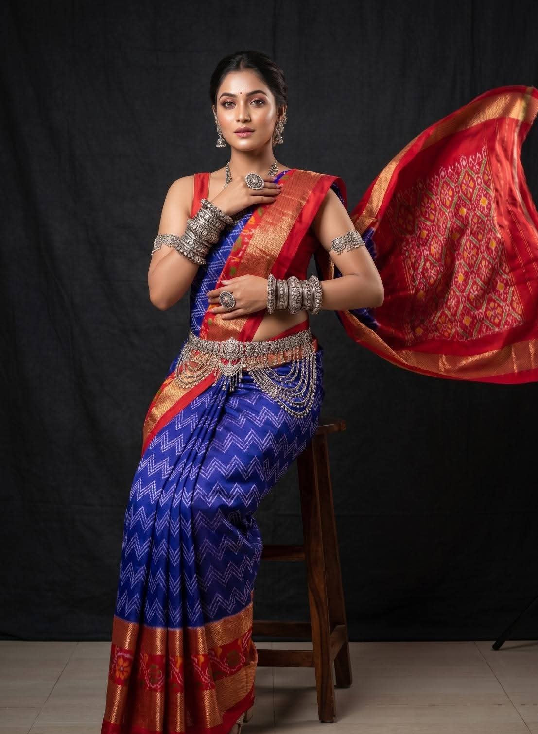 Royal Blue and Red Ikat Silk Wedding Saree