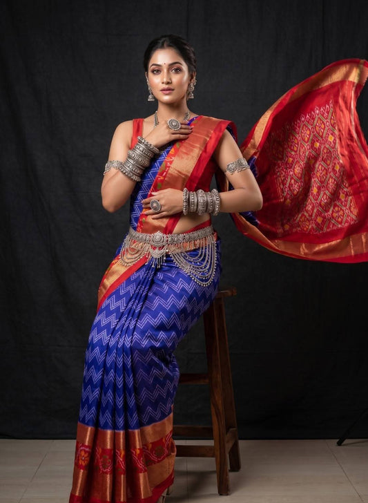 Royal Blue and Red Ikat Silk Wedding Saree