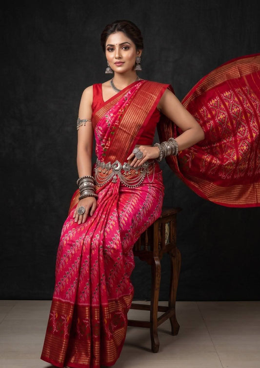 Vibrant Pink and Red Ikat Silk Wedding Saree