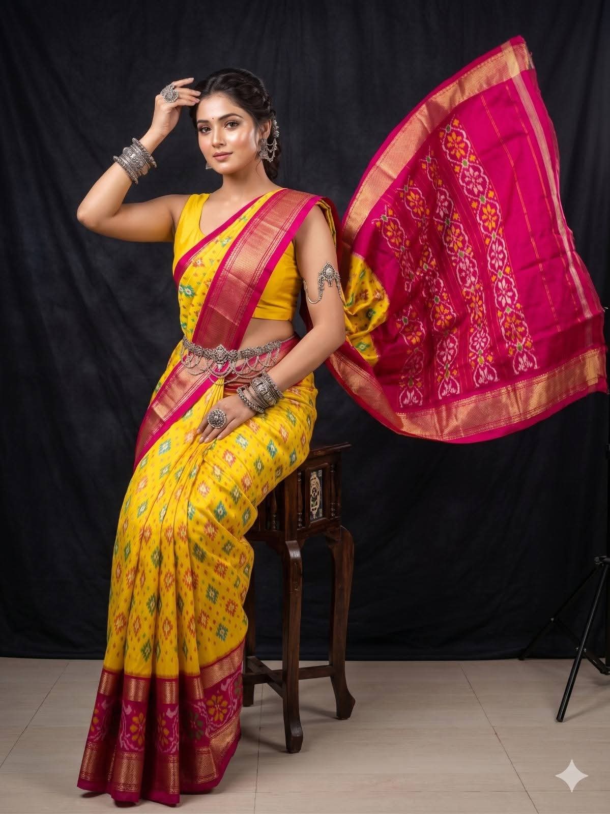 Yellow and Pink Ikat Silk Saree