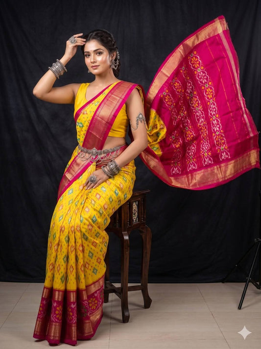 Yellow and Pink Ikat Silk Saree