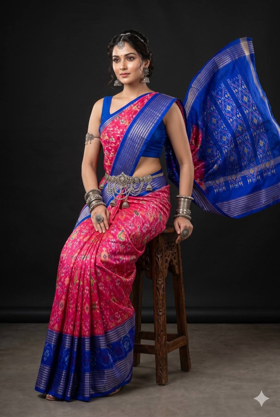 Fuchsia Pink and Blue Ikat Silk Saree