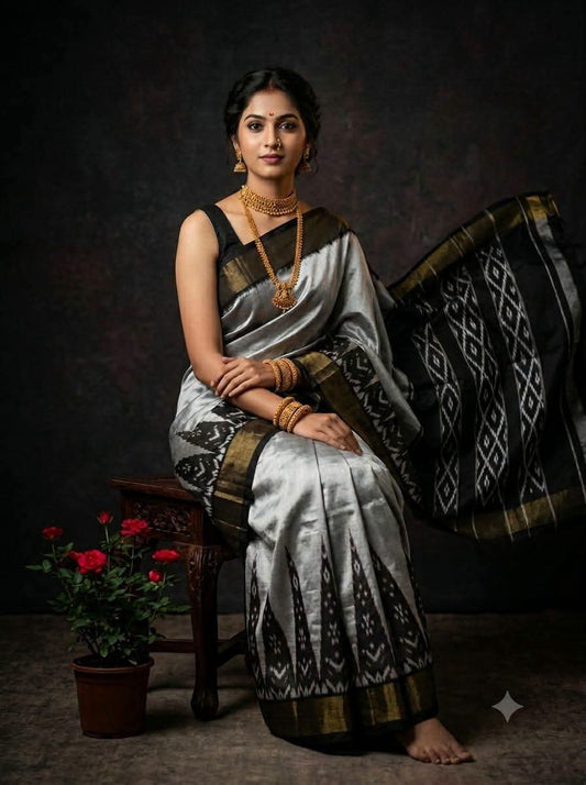 Silver Grey and Black Ikat Silk Saree