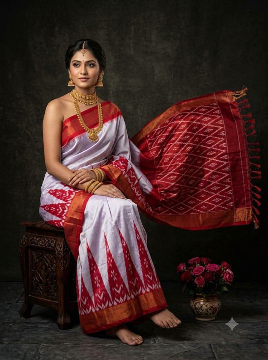 Off-White and Crimson Red Ikat Silk Saree