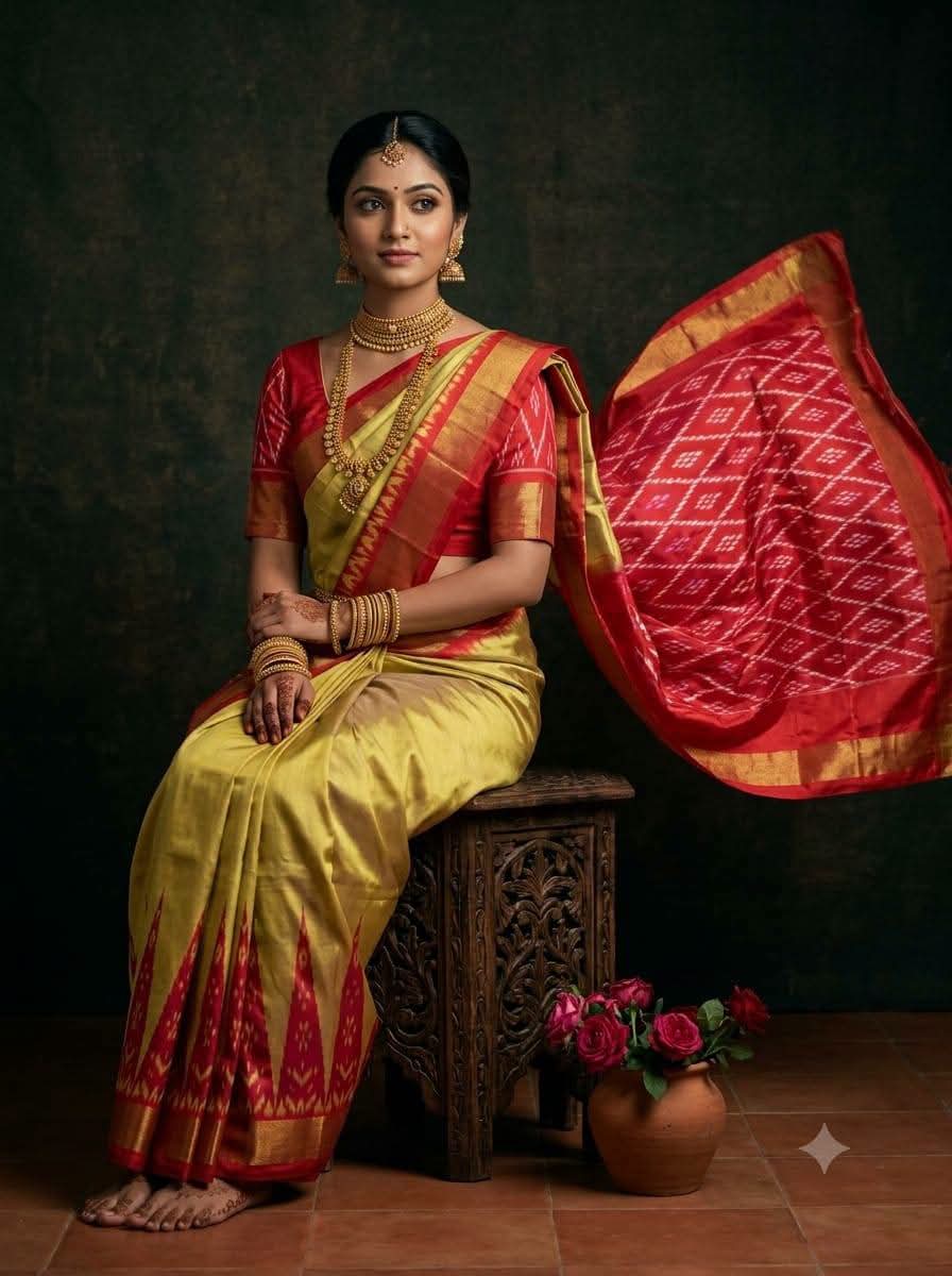 Mustard Yellow and Crimson Red Ikat Silk Saree