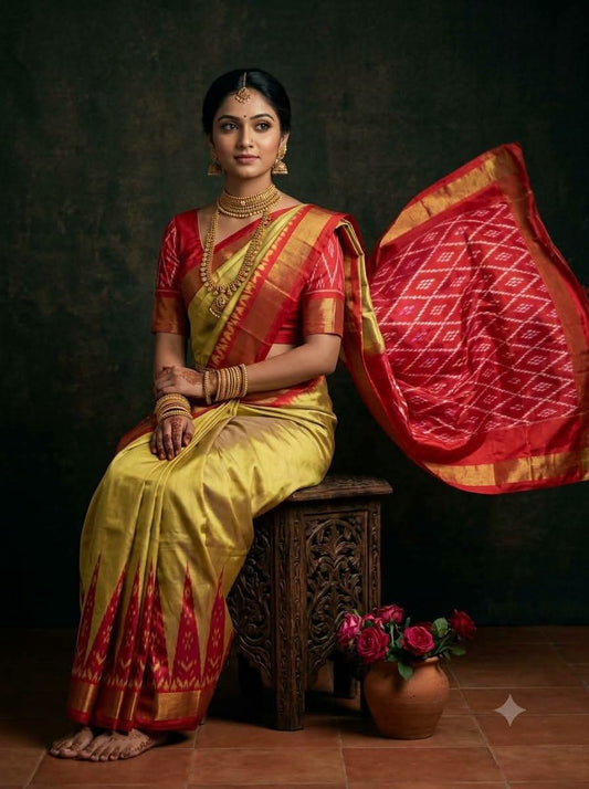 Mustard Yellow and Crimson Red Ikat Silk Saree