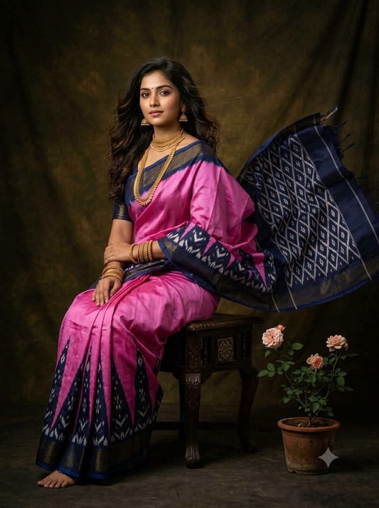 Pink and Navy Blue Ikat Silk Saree