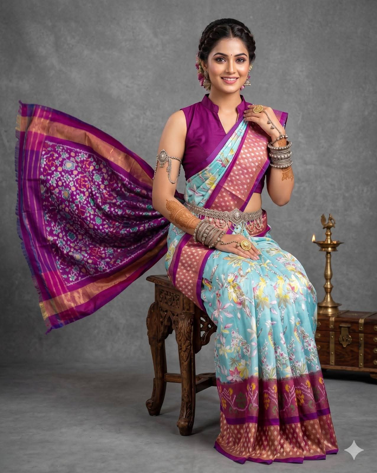Sky Blue and Purple Ikat Silk Saree