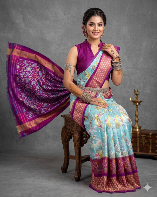 Sky Blue and Purple Ikat Silk Saree