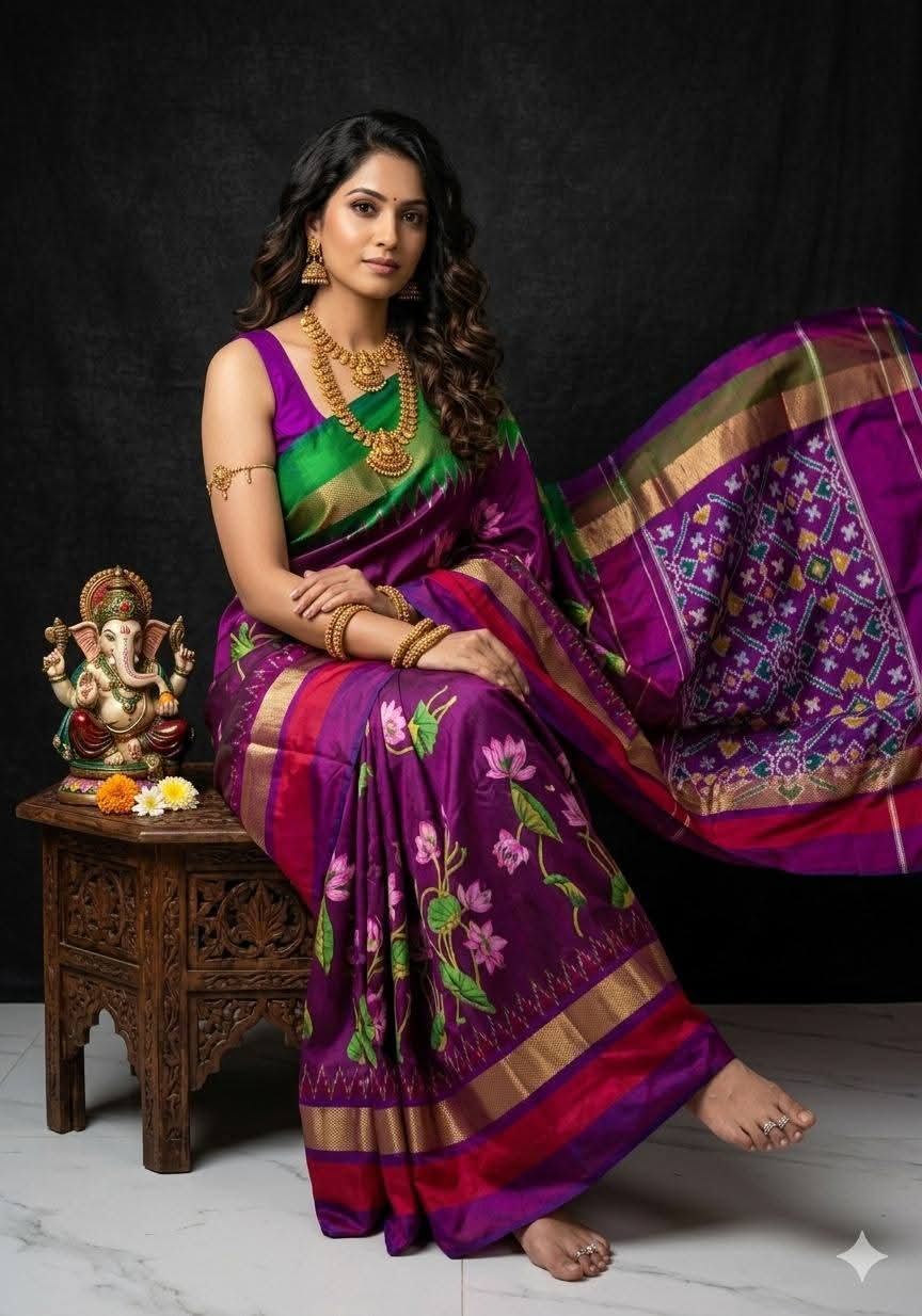 Purple and Green Ikat Silk Saree