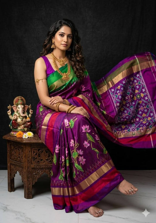 Purple and Green Ikat Silk Saree