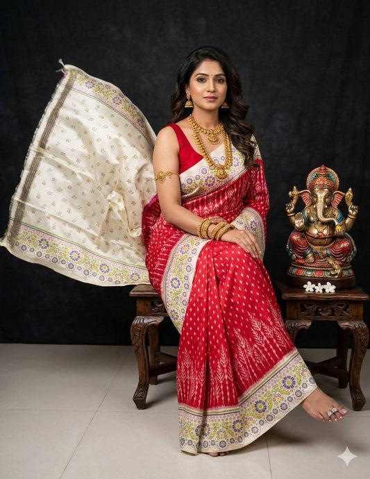 Red and Off-White Ikat Silk Saree