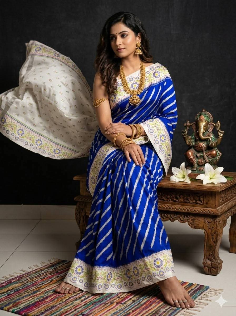 Royal Blue and Off-White Silk Saree