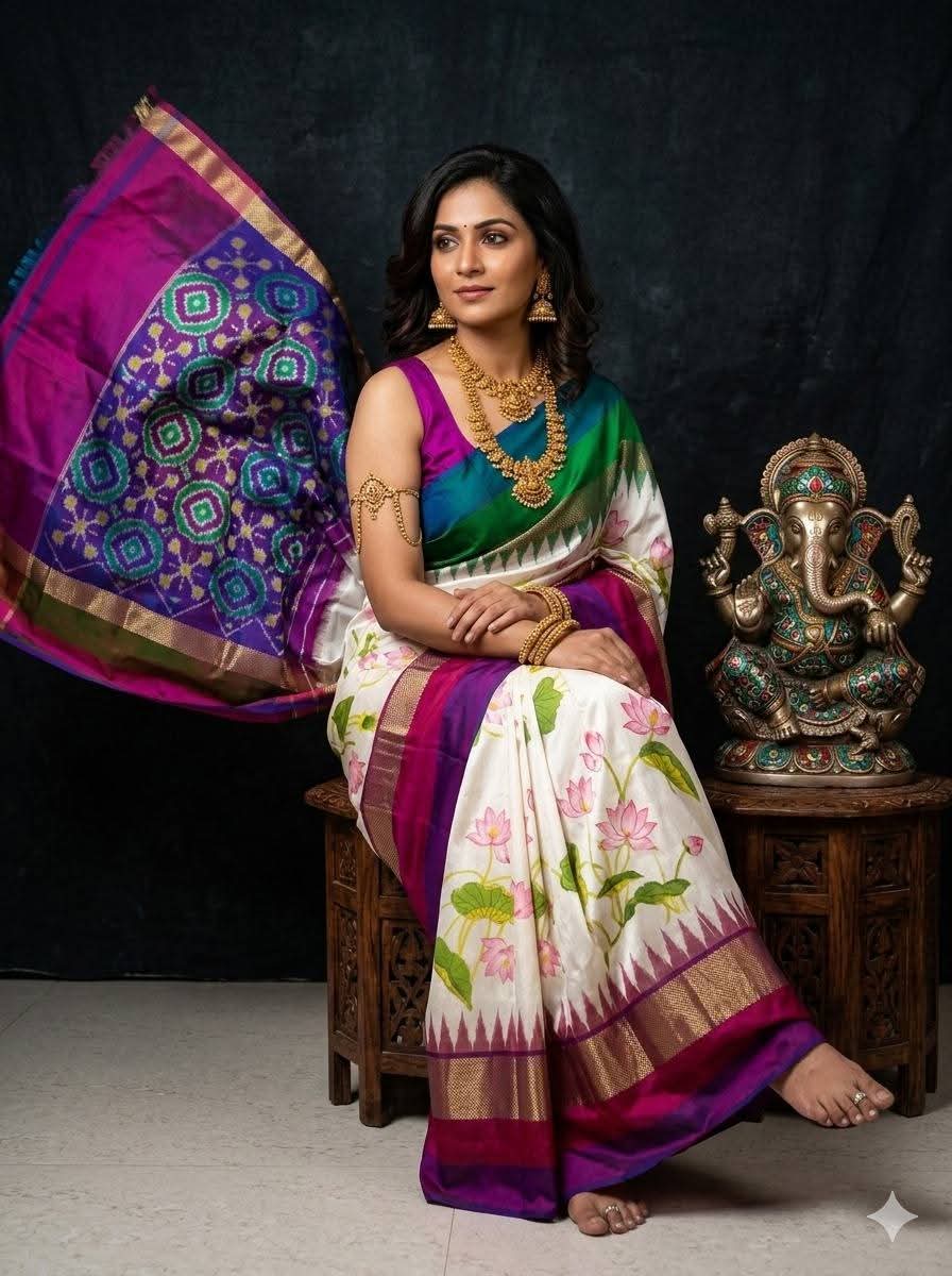 Off-White and Purple Ikat Silk Saree