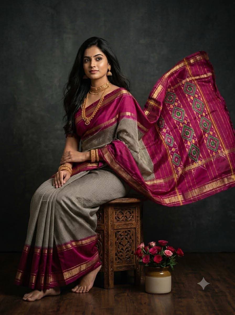 Checkered and Magenta Pink Ikat Silk Saree
