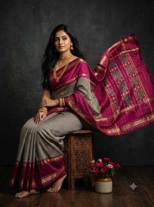 Checkered and Magenta Pink Ikat Silk Saree