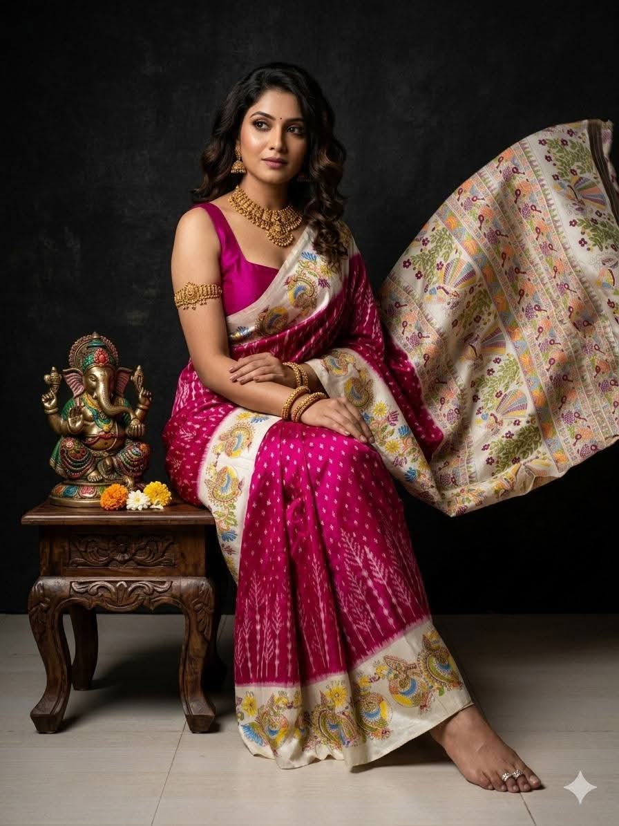 Magenta Pink and Off-White Silk Saree