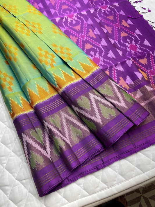 Lime Green and Purple Ikat Silk Saree
