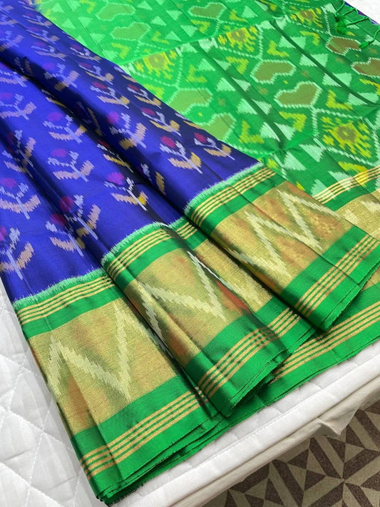 Royal Blue and Green Ikat Silk Saree