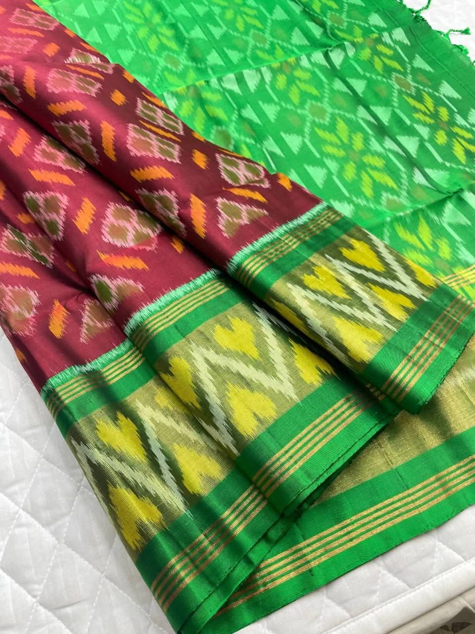 Maroon and Green Ikat Silk Saree