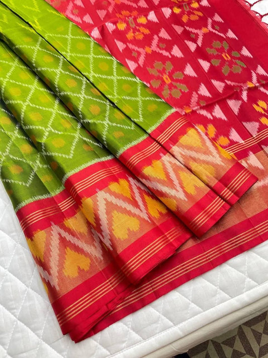 Green and Red Ikat Silk Saree