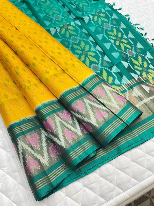 Yellow and Teal Green Ikat Silk Saree