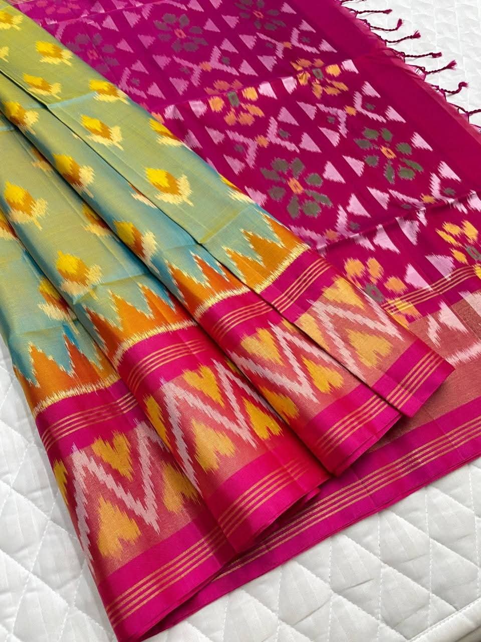 Sea Green and Magenta Ikat Silk Saree