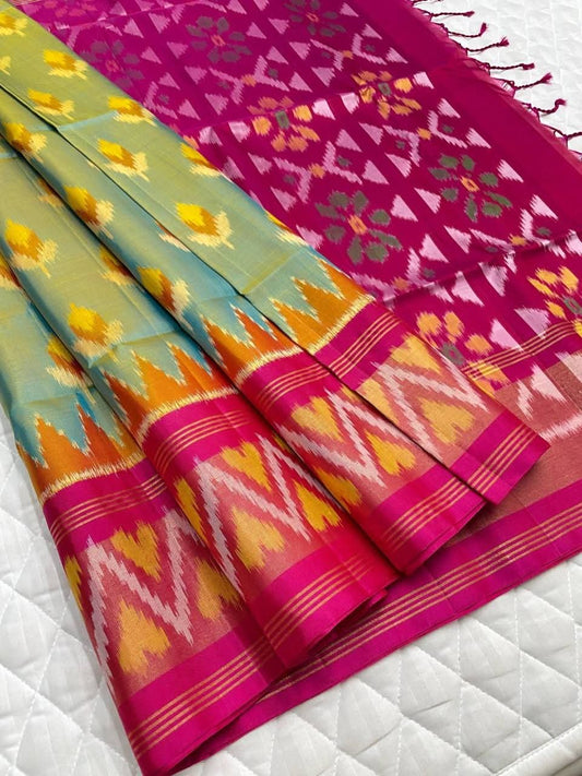 Sea Green and Magenta Ikat Silk Saree