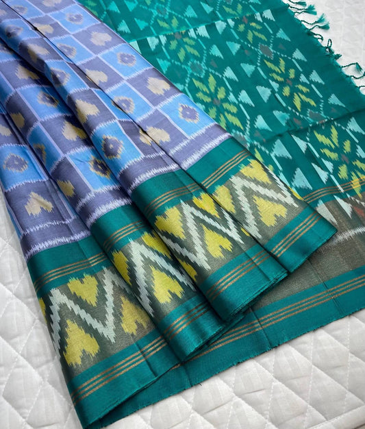 Blue Checkered Handwoven Ikat Pure Silk Saree