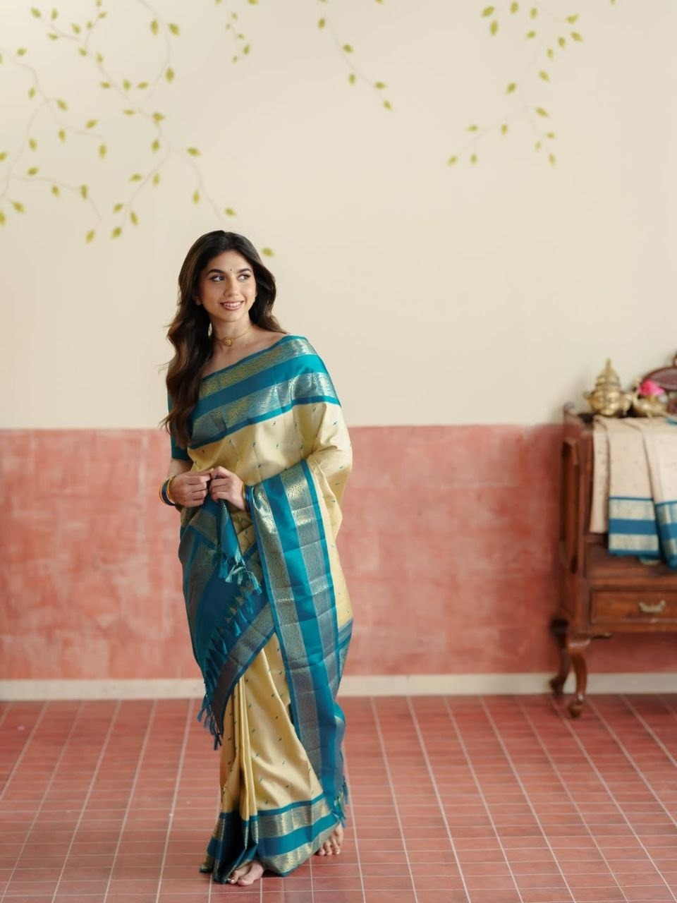 Light Khaki Kanjeevaram Silk Saree with Teal Blue Border