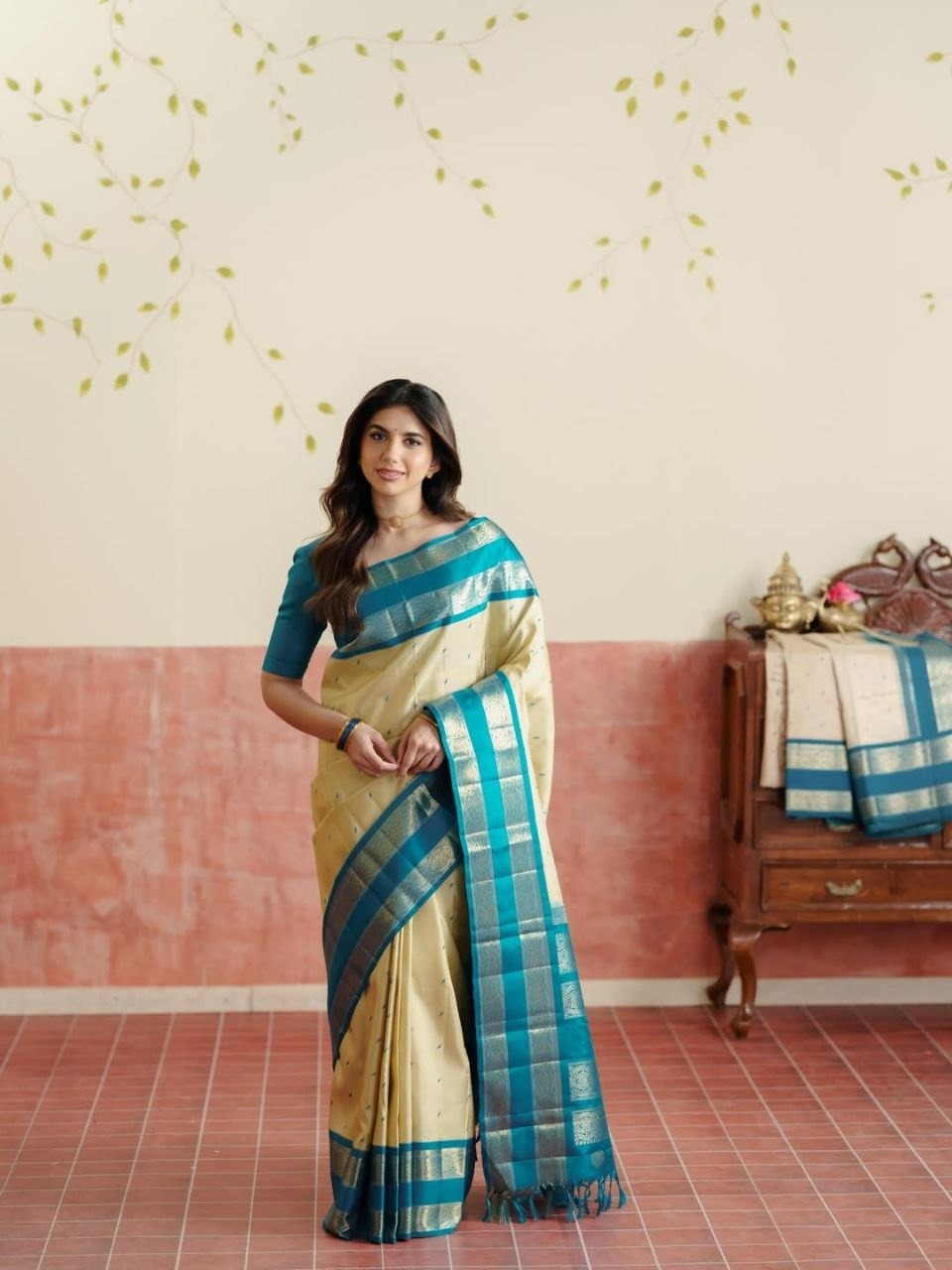 Light Khaki Kanjeevaram Silk Saree with Teal Blue Border