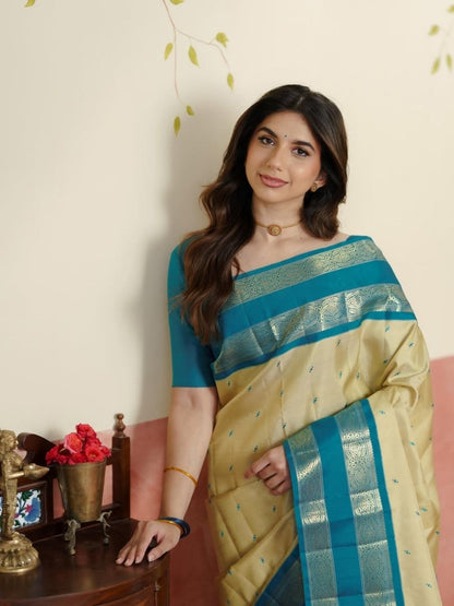 Light Khaki Kanjeevaram Silk Saree with Teal Blue Border
