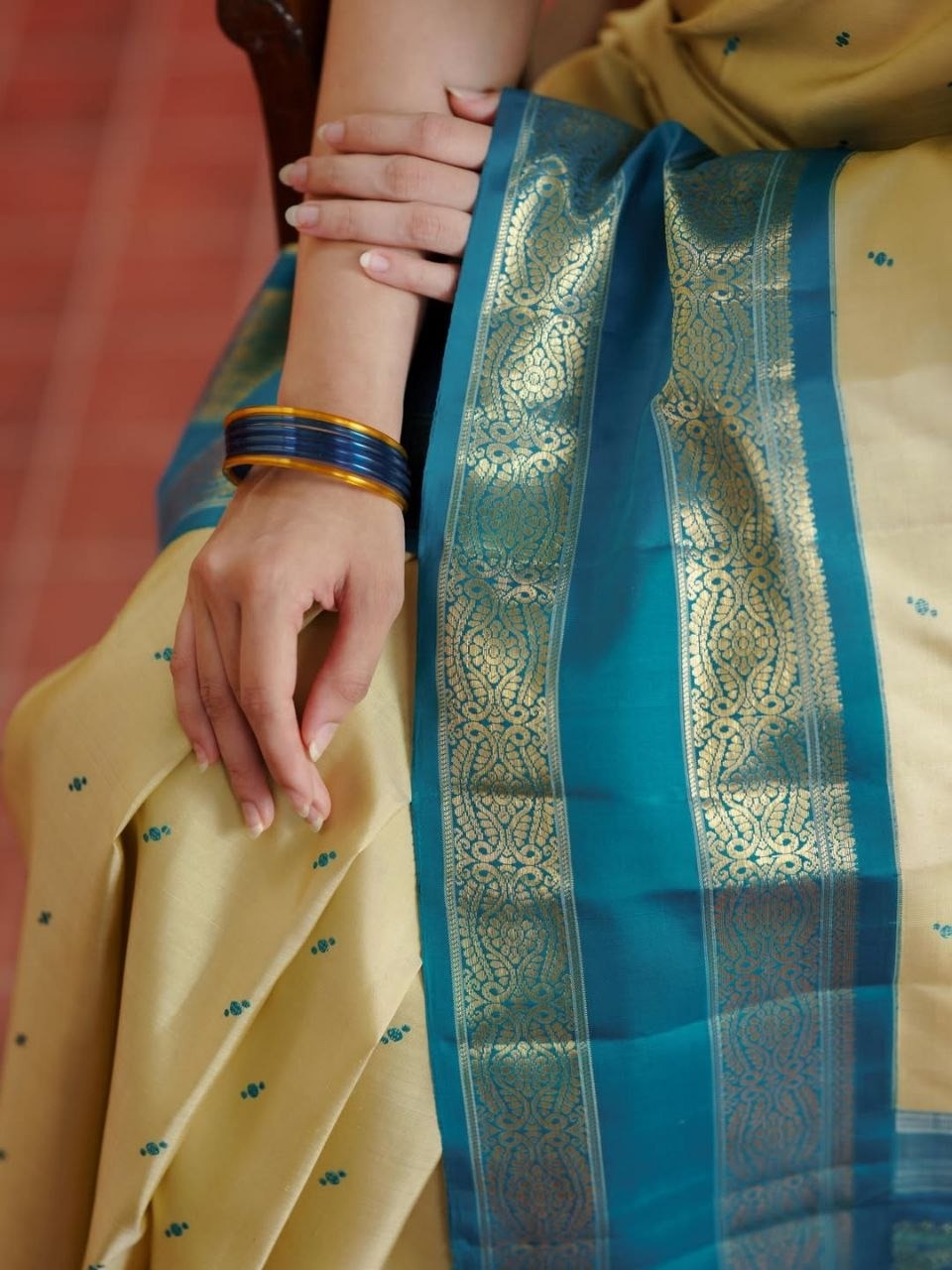 Light Khaki Kanjeevaram Silk Saree with Teal Blue Border