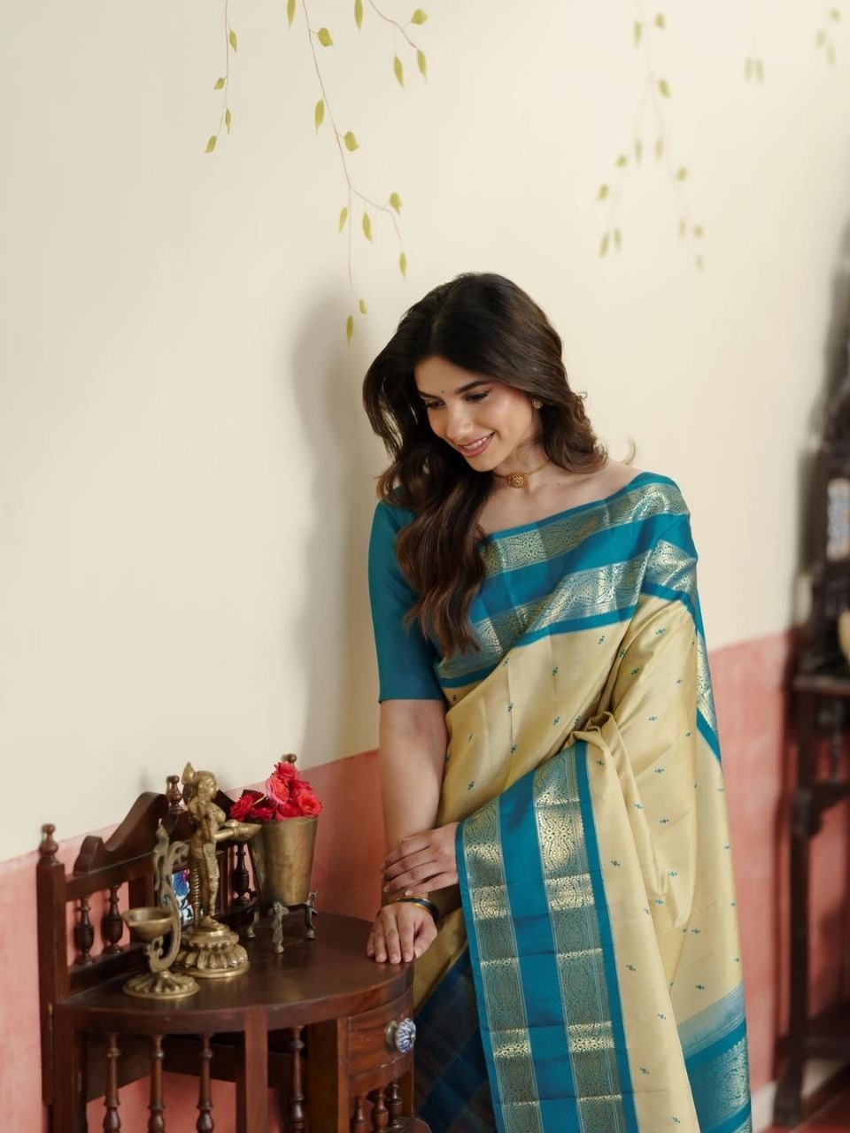 Light Khaki Kanjeevaram Silk Saree with Teal Blue Border