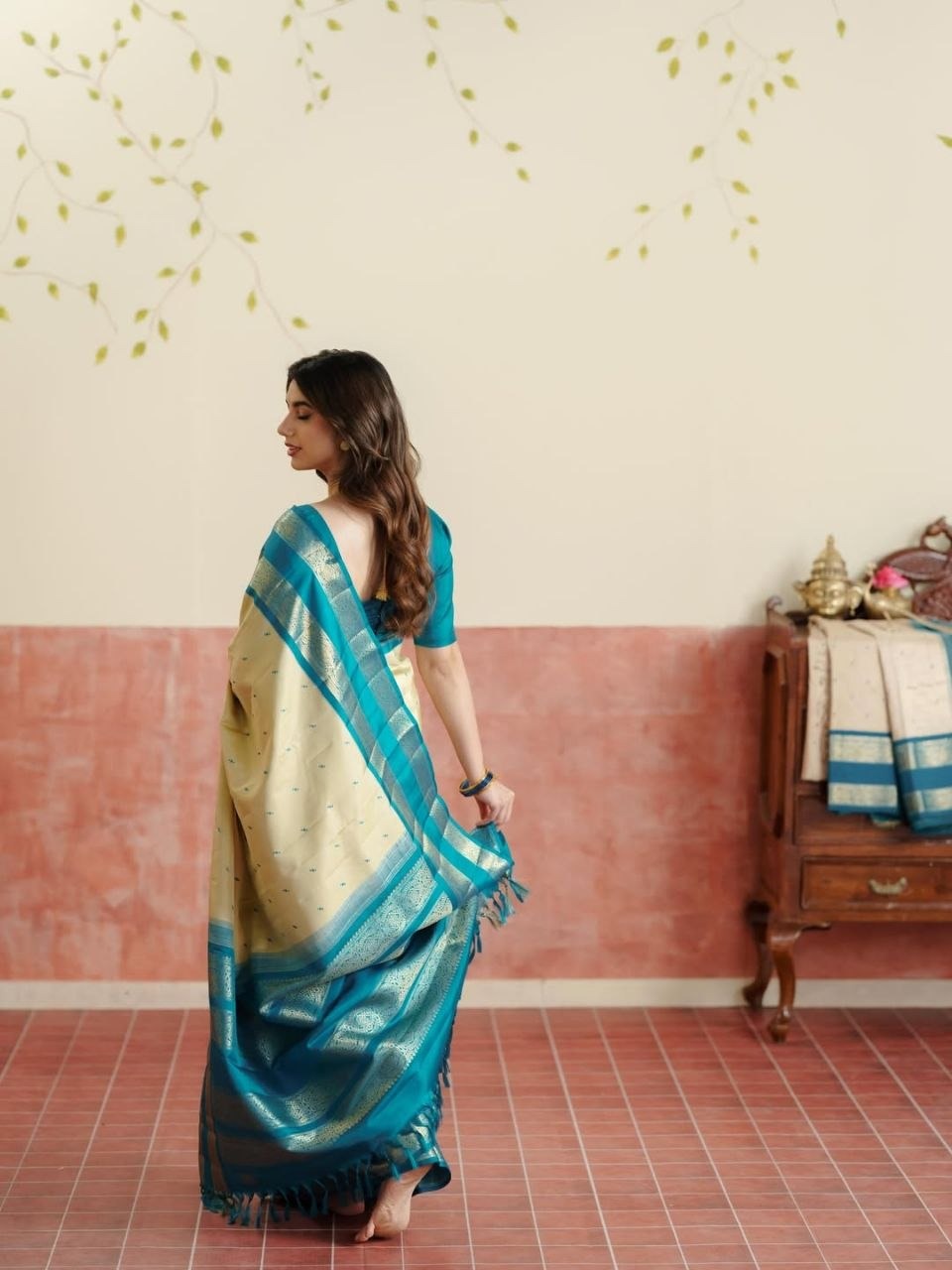 Light Khaki Kanjeevaram Silk Saree with Teal Blue Border