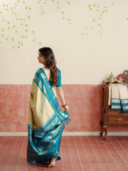 Light Khaki Kanjeevaram Silk Saree with Teal Blue Border