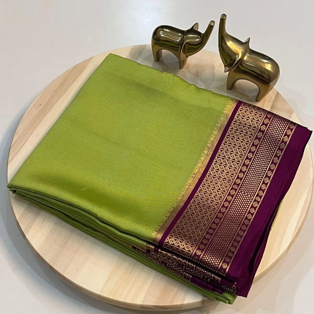 Traditional Mysore-Based Olive Green Silk Saree with Contrast Maroon-Wine Zari Border