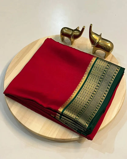 Traditional Mysore Based Red Silk Blend Saree with Contrast Emerald Green Zari Border