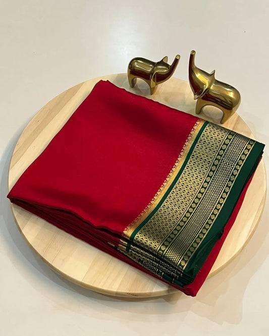 Traditional Mysore Based Red Silk Blend Saree with Contrast Emerald Green Zari Border