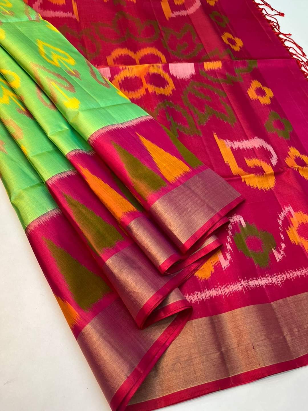 Traditional Temple Border Ikat Saree with Zari Edges