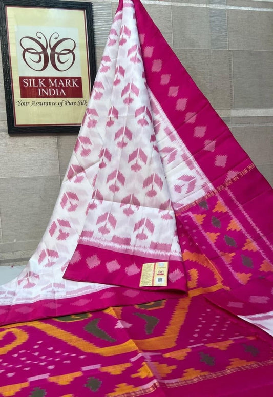 Pure Silk Ikat Saree with Chevron Motif Body